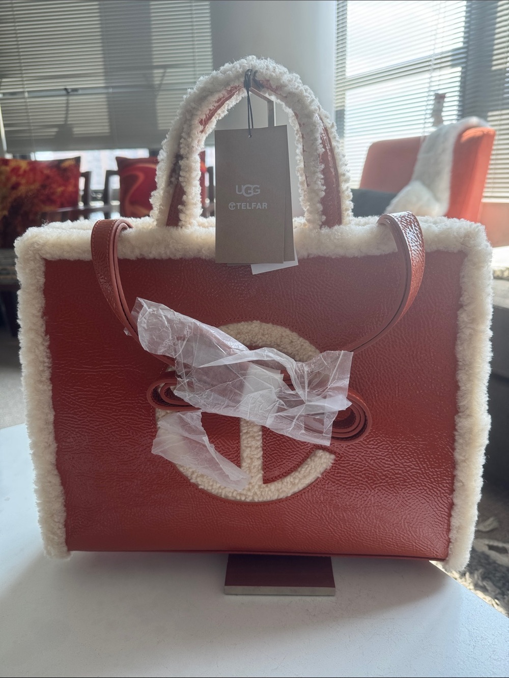 UGG Red-Brown Leather Tote with Cream Shearling Trim